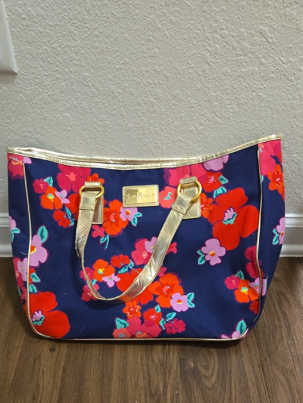 Lilly Pulitzer Navy Floral Tote with Gold Accents